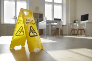 Wet floor sign on floor