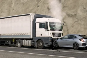 Truck and car in head on collision
